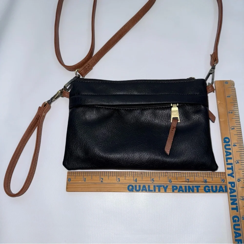Black Brown Crossbody Bag‎ outside zip pocket 8.5x5.5